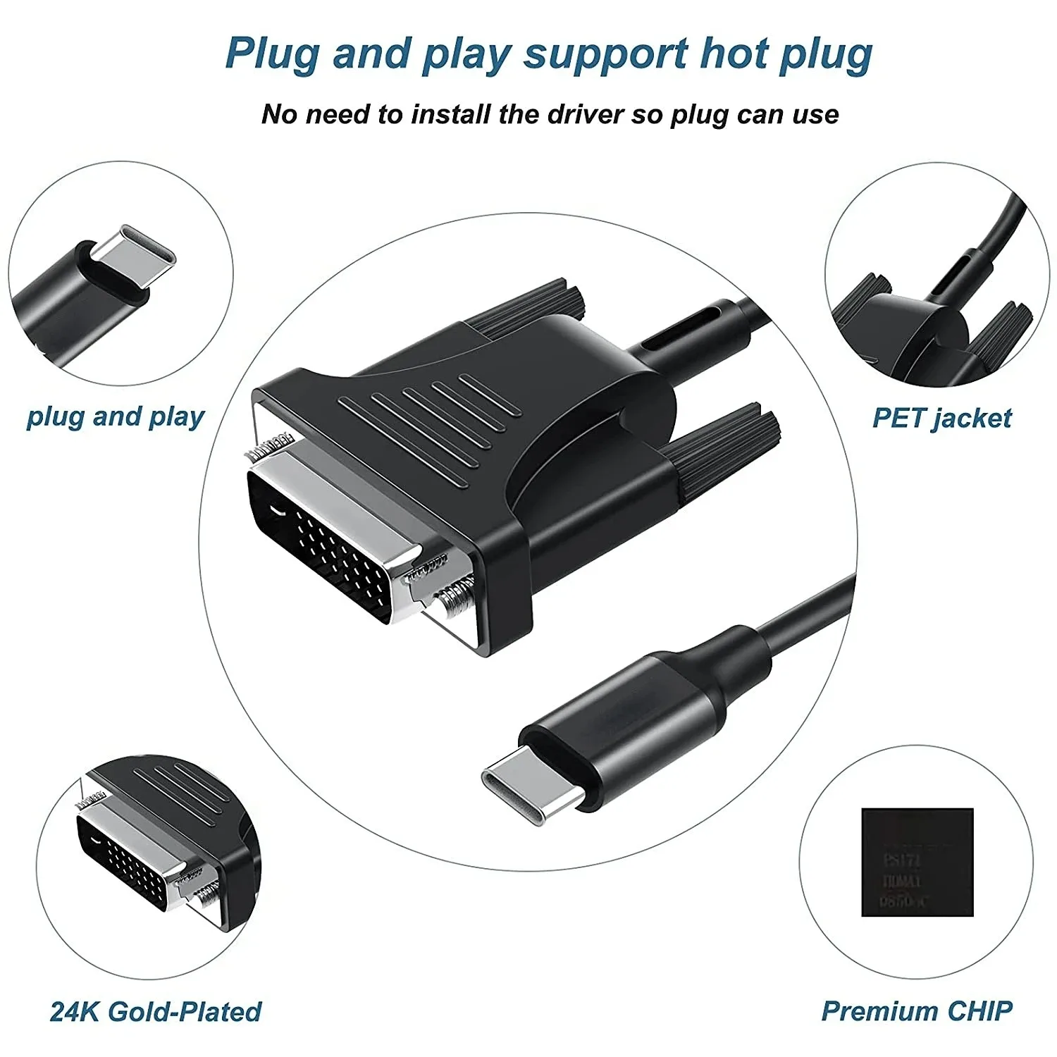 USB C to DVI Cable Thunderbolt 3 Type-C Male to DVI Male Converter Cord for Iphone 15 Pro Max Macbook air Macbook pro,usb c cable