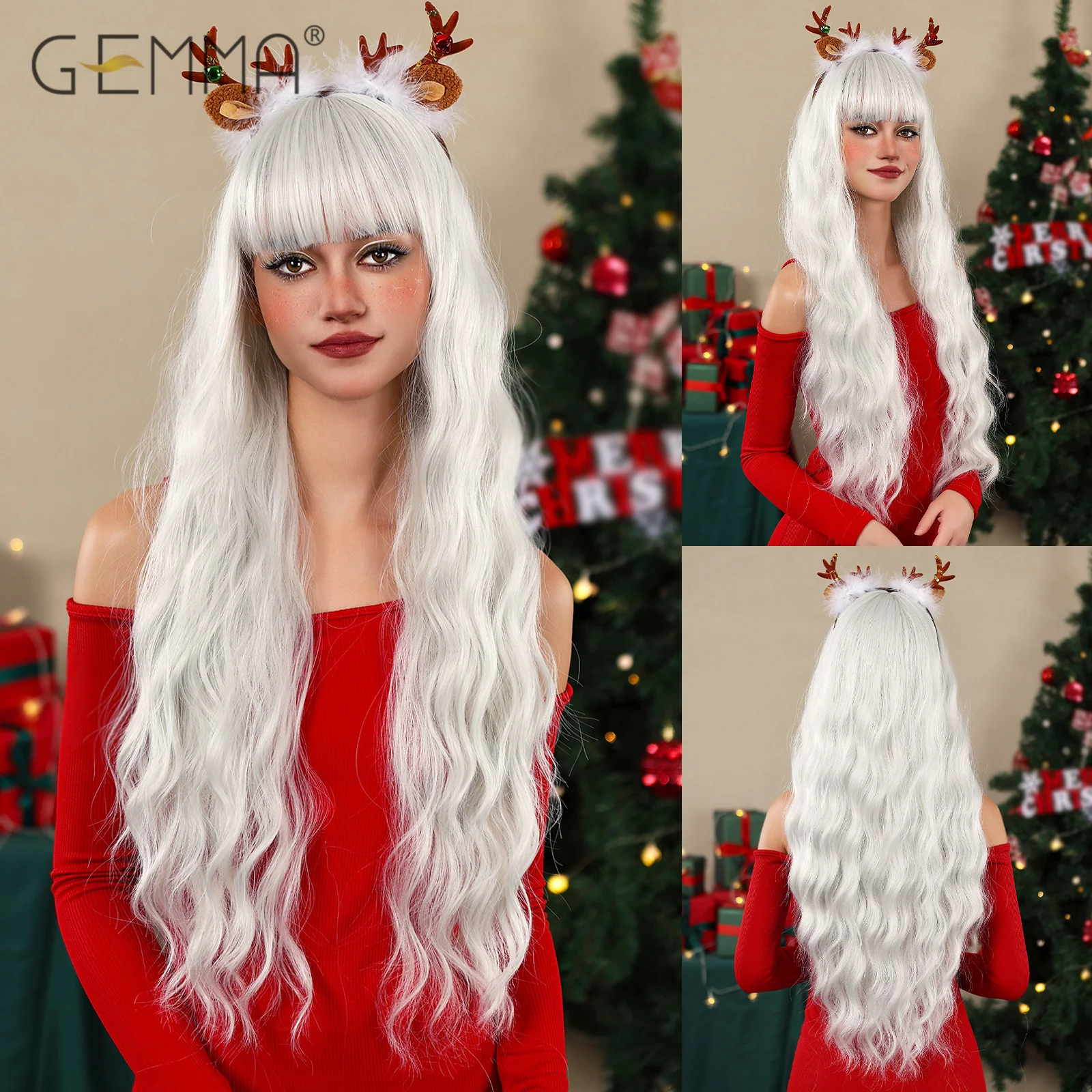 

Platinum Blonde Long Water Wave Synthetic Wigs with Bangs for Women Party Daily Cosplay Curly Wig Natural Heat Resistant Hair