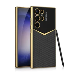 Luxury Leather Gold Electroplated Frame Phone Case with Soft Edges for Galaxy S25 Ultra (Carbon Fiber Pattern)