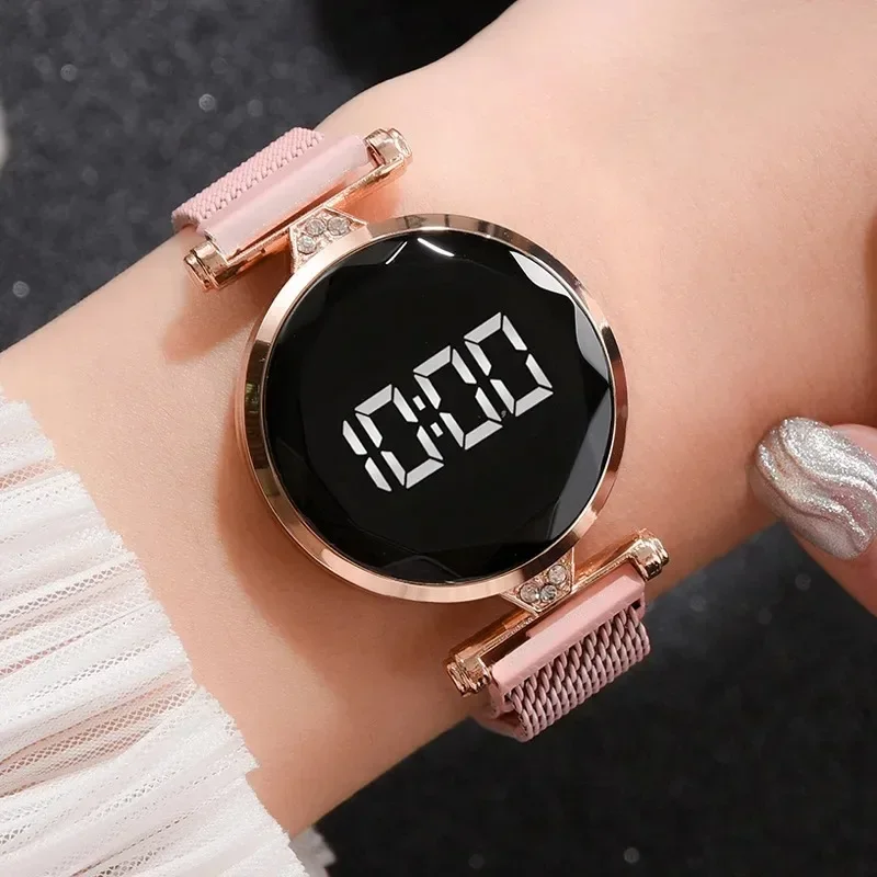 Womens magnetic bracelet watch, rose gold, quartz, LED, luxury, digital, dress, women's watch