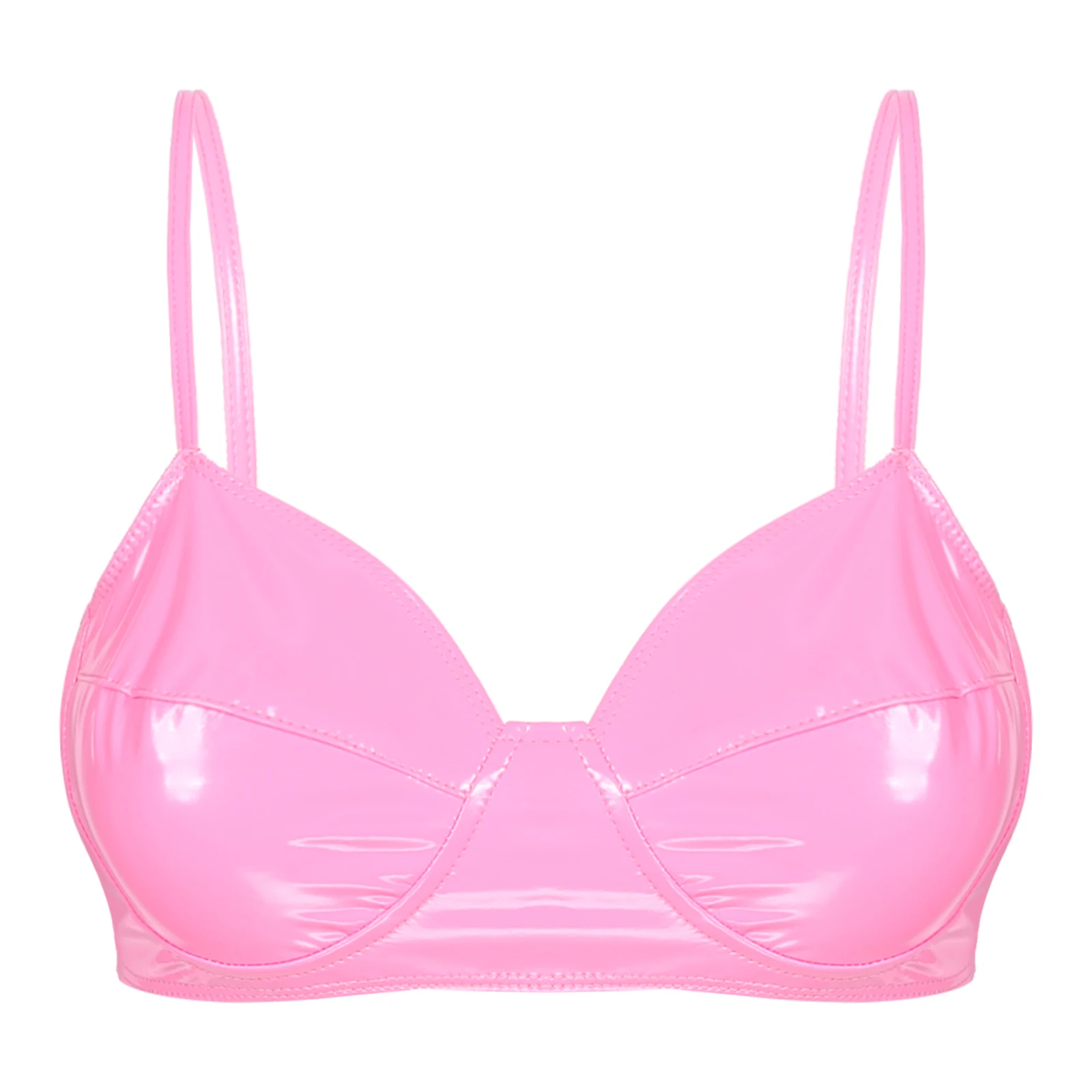 Fashion Moto Womens Lingerie Wetlook Sexy Leather Crop Tops Wire-free No Pad Bra Top for Raves Pole Parties Clubwear Costumes