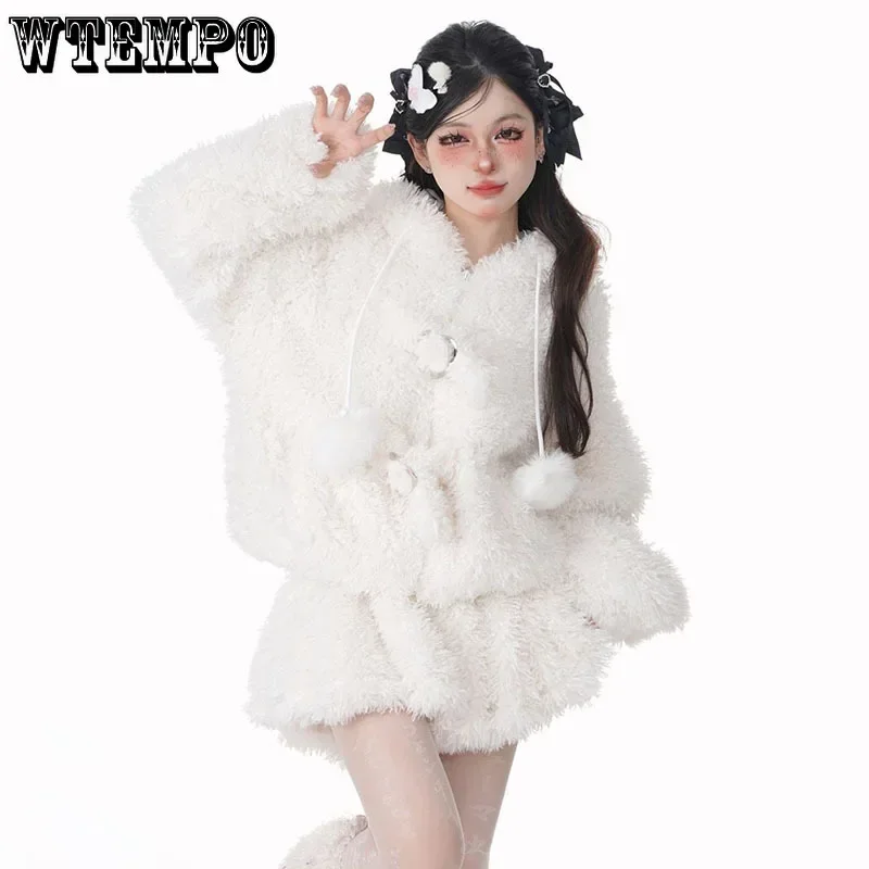 

White Plush Short Skirt Women's Warm Soft Fabric A-word Elastic Waist Hotsweet American Y2K Korean Fashion Autumn Winter