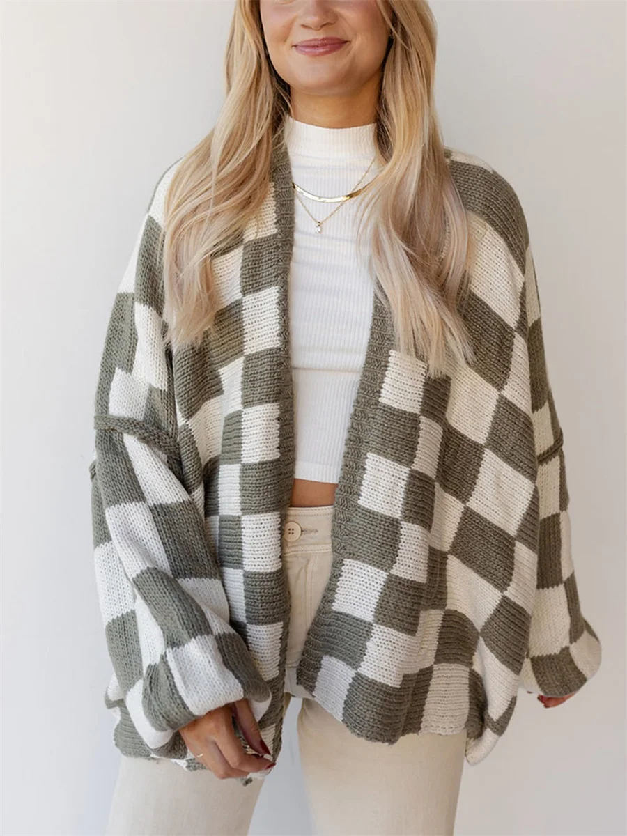 Plaid Sweater Women Casual Lantern Sleeves Cardigan Jacket Outerwear Clothes