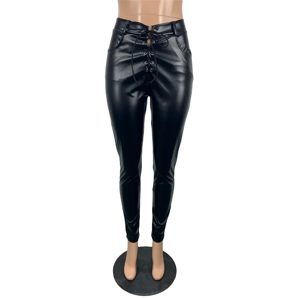 Fashion Women Lace Up Black Skinny Leather Pants Ladies Casual High Street Bandage PU Leather Trousers Female Skinny Pencil Pant