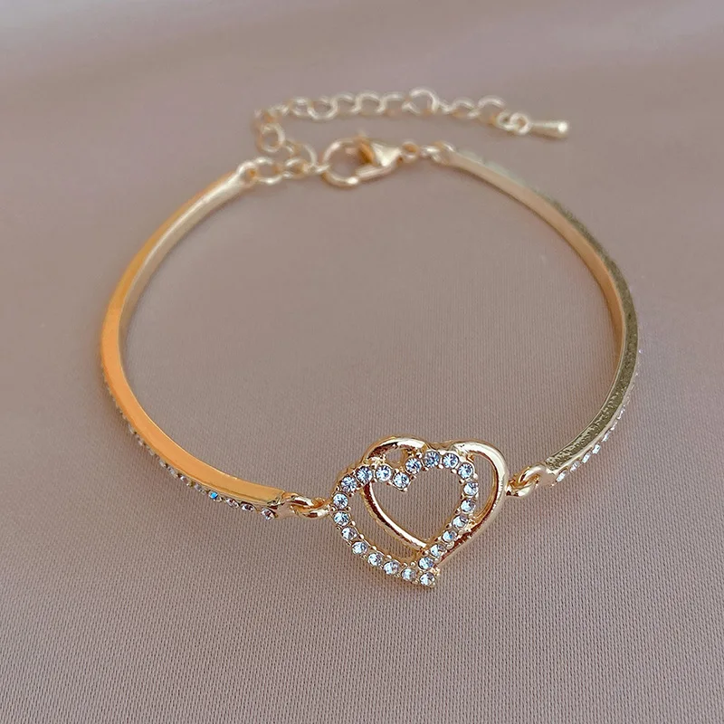 

Metal Rhinestone-Encrusted Heart Bracelet European and American Ins Open Adjustable Extension Chain Bracelet