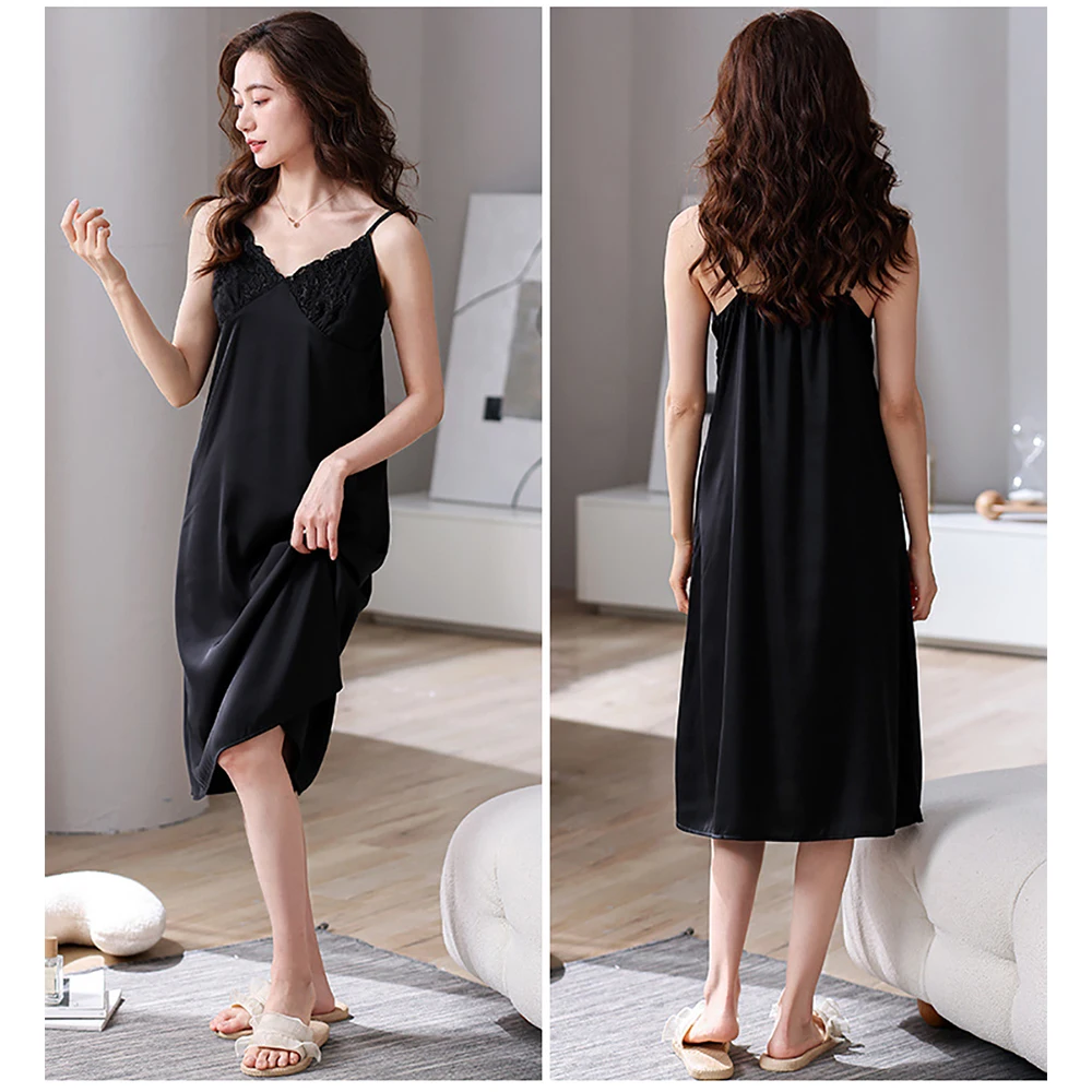 Women New Sexy Adjusted Spaghetti Strap Solid Night Dress With Lace Padded Bra Cool Nightgowns Ice Silk Beauty Back Sleep Shirts