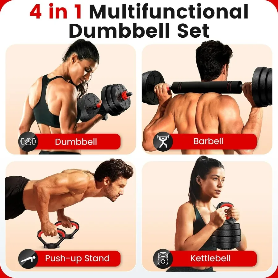 Adjustable Dumbbell Set, 45lbs Free Weight Set with Connector, 4 in1 Dumbbells Set Used as Barbell, Kettlebells, Push up Stand,