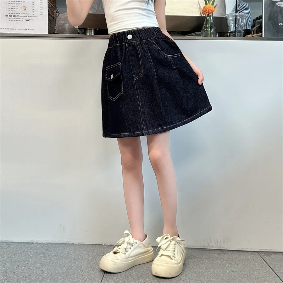 스타일리쉬 키즈 아동 패션 빈티지 다크 블루 데님 스커트 10대 소녀 트렌드 스트릿 디자인 Y2K 하의 5 6 7 8 9 10 12 14세용