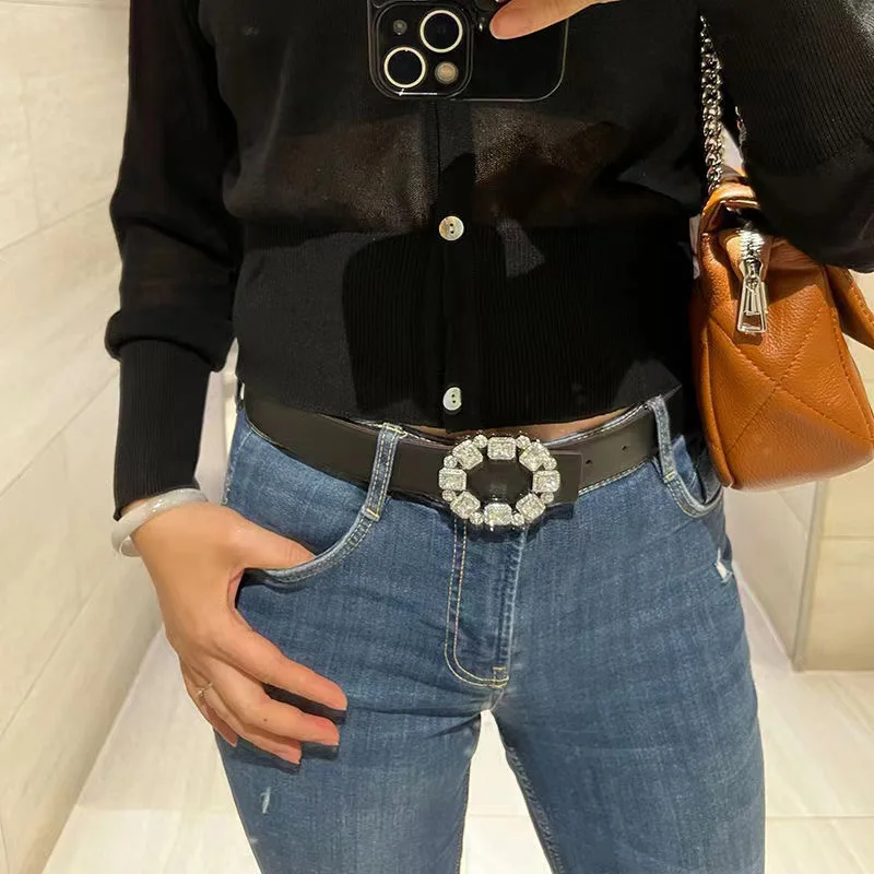 Fashion Ladies Luxury Rhinestone Buckle Belt High Quality PU Leather Belt Versatile Jeans Trousers Dress  Accessories Waistband