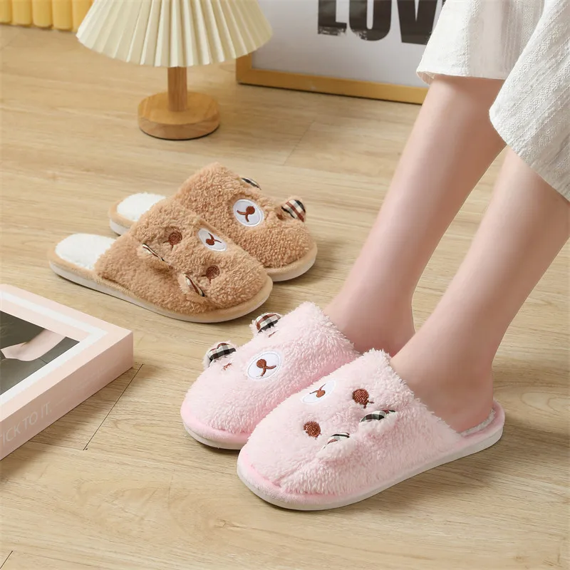 Autumn and Winter Cute Cartoon Pig Cotton Slippers Indoor Household Bedroom Warm Ears Bear Plush Slippers for Men and Women 2