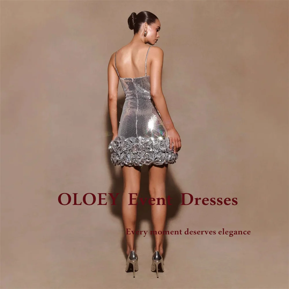 OLOEY Glitter Sequins Silver Short Prom Cocktail Dress Pleats Rose Mini Wedding Party Gown Women Zip Back