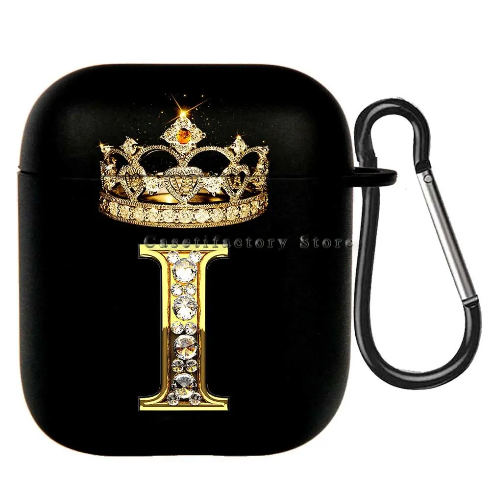 Elegant Diamond Crown Initial AirPods Case - Black Wireless Bluetooth Earphone Cover