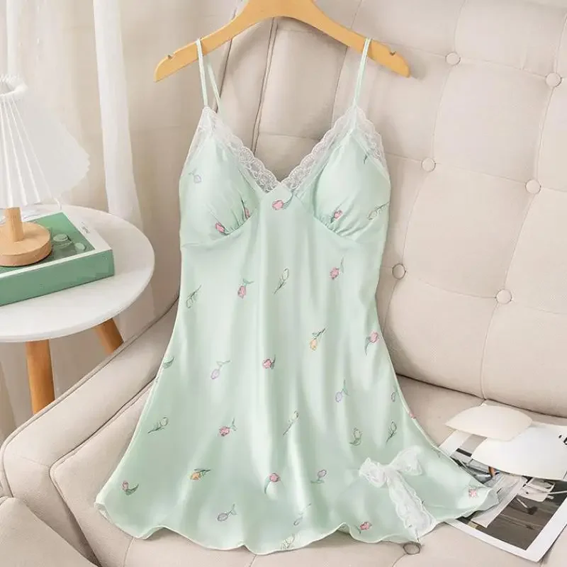 

Women Lace Strap Nightgown Print Flower Chemise Sleepwear Nightwear Sexy Backless Nightdress Summer Satin Morning Gown Homewear