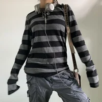 T-shirt baggy à manches longues pour femmes et adolescentes, t-shirts bébé rayés, streetwear vintage, nickel é, grunge, vêtements d'automne, Y2K 2