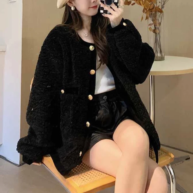 2023 Autumn and Winter New Fashion Temperament Women's Clothing Splice Pockets Button Round Neck Long Sleeve Solid Color Sweater