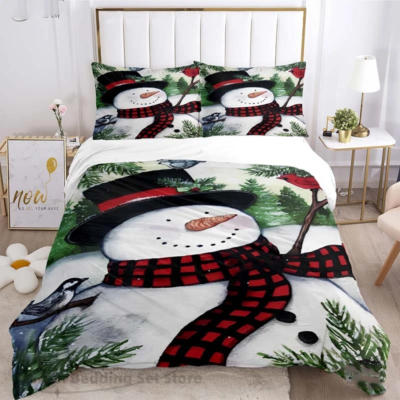 

3pc duvet cover Christmas theme snowman red buffalo plaid scarf bird green tree Large King Size Single Double Holiday Room Decor