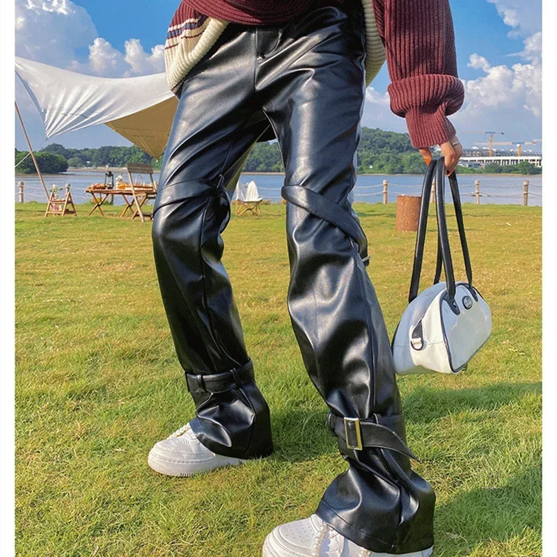 Overalls Women's Black Faux Leather Pants Fashion New Products Women's High-elastic PU Bandage Straight Leg Pants Streetwear