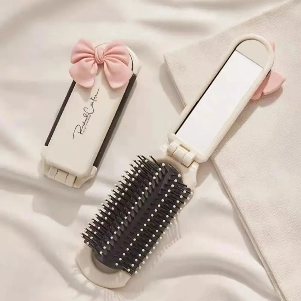 Anti Static 2 in 1 Comb Mirror Set Milk White Mini Air Bag Hair Comb Square Pocket Mirror Foldable Hair Brush Makeup Tool