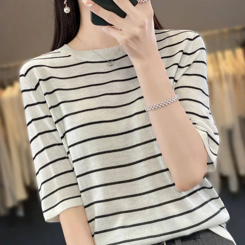 

French Vintage Stripes New Women's Worsted Wool Loose Laydown Knitwear Summer Fashion Thin Round Neck Short Sleeve T-shirt Top