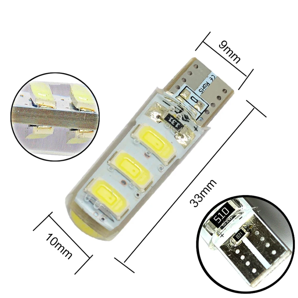 10x T10 Dc 12V Auto Led 194501 6smd 5630 Siliconen Cob Markering Staart Wig Parking Mist Lopende Gloeilamp Buis Verlichting