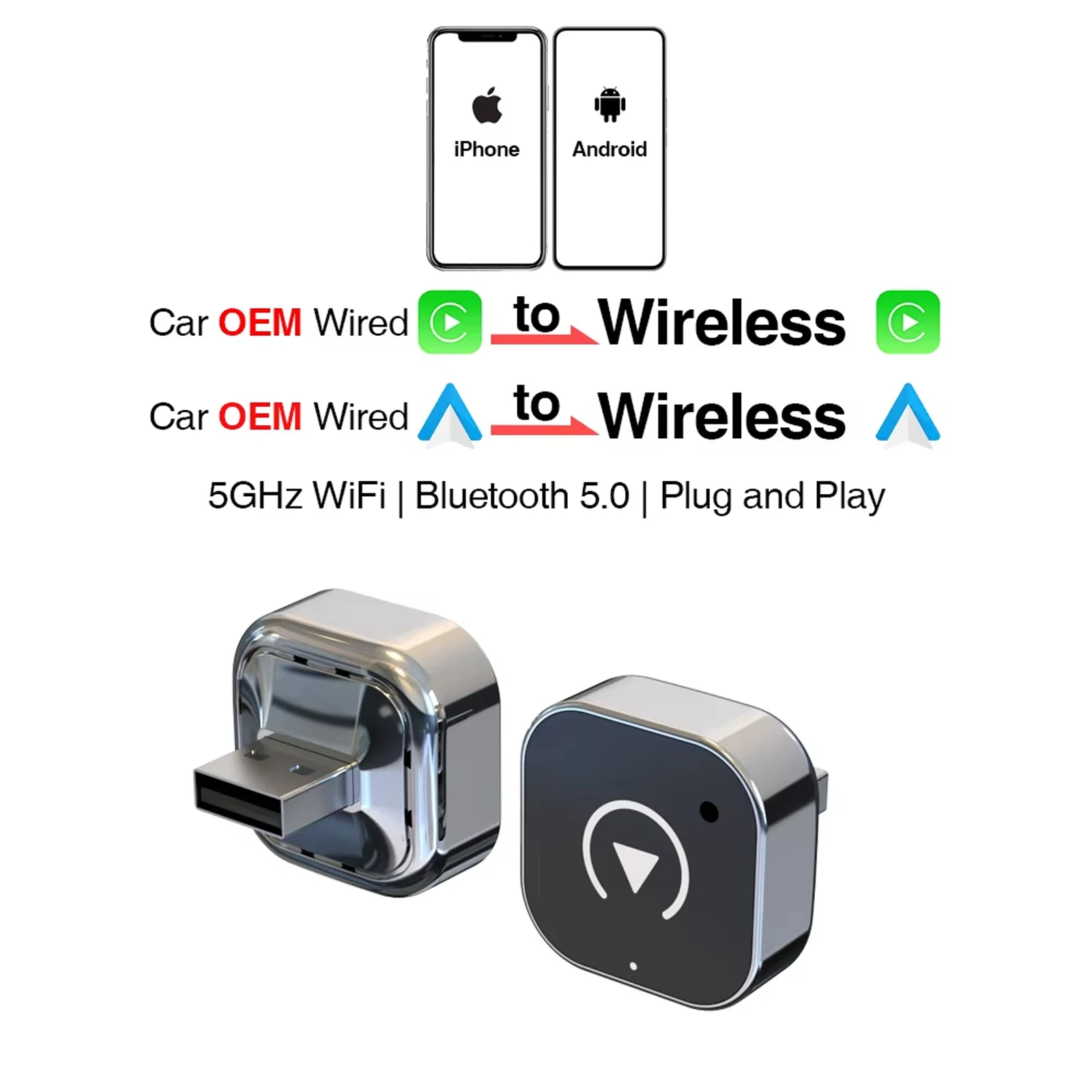 Kabelloser CarPlay-Adapter für iPhone - Mini Plug & Play Auto-Verbindung, 5GHz WLAN Geringe Latenz iOS 10+ Kompatibel mit Kabelgebundenem CarPlay