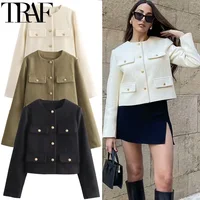 TRAF Woman Outerwears Autumn Long Sleeve Cropped Jacket For Women Winter Button Demi-Season Short Coats Elegant Women's Coat 1