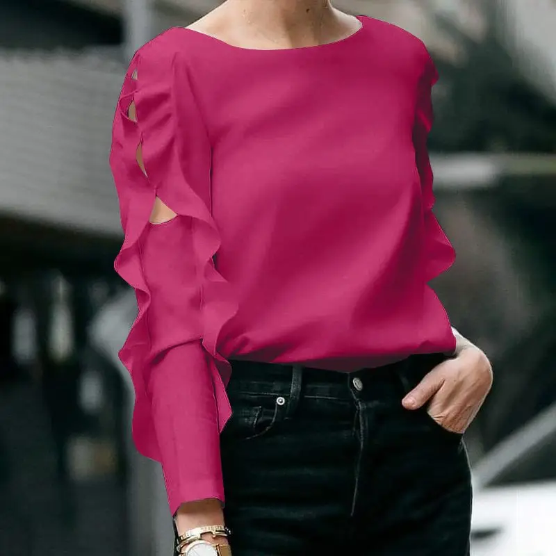 thumbnail image 1 of Blusa elegante de otoño VONDA de talla grande 5XL, color liso, a la moda, para mujer, 2024, con volantes, manga larga, holgada, informal, 1 of 5