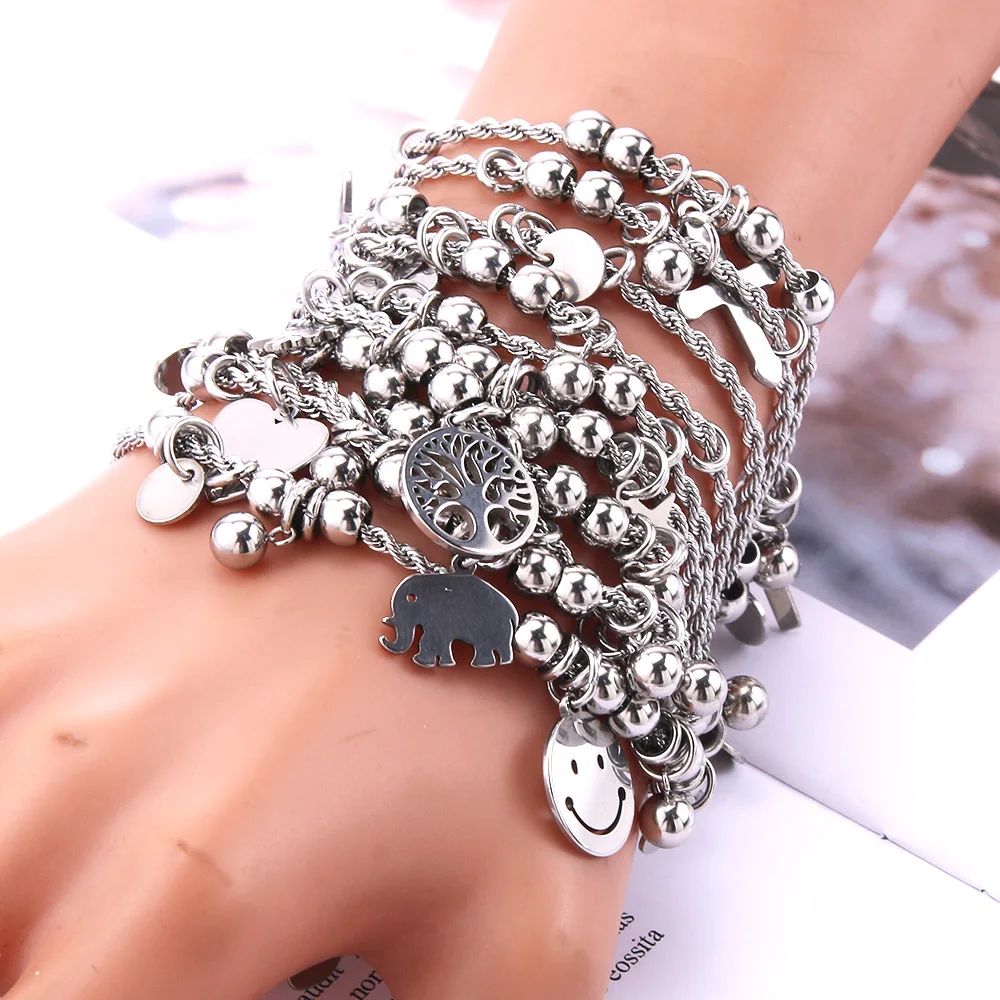 10Pcs/Lot Mixed Fashion Pearl Women Stainless Steel Bracelets High Quality Party Gift Cute Charm Bracelets Jewelry Wholesale