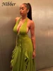Nibber Appliques Tassel Dress Women Y2K Halter Backless Split Sexy Ruched Elegant Summer Back Ruched Beach Holiday Maxi Bodycon 3