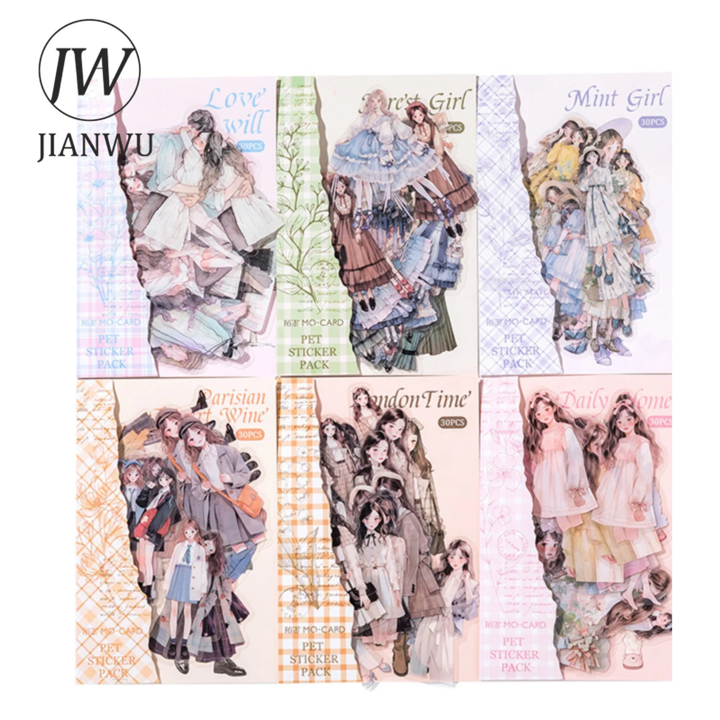 JIANWU Life Tidbits 시리즈 문학적 소녀 캐릭터 소재 장식 PET 스티커, 창의적인 DIY 저널 콜라주 문구, 30 장