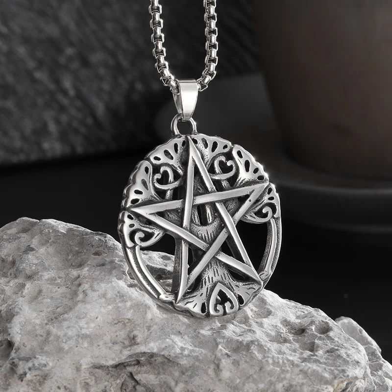 

Stainless Steel Tree of Life Pentagram Heart Circle Pendant Necklace Men Women Witchcraft Witch Knot Amulet Jewelry Gift