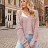 2024 Autumn/Winter Fashion New V-neck Solid Color Off Shoulder Loose Solid Color Knitted Shirt for Women 4