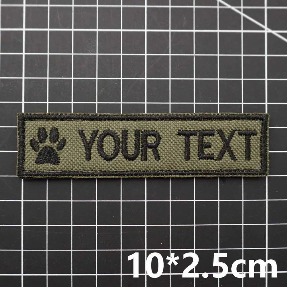 Customized name text embroidery patch with dog paw patch military green background, tactical name sticker, hook and fur on the b