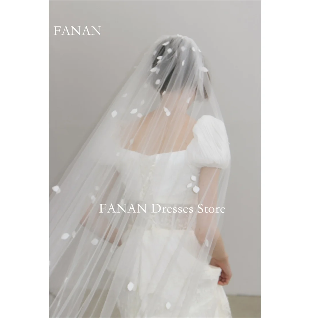 Fanan Korea Puff Sleeves Wedding Dresses  웨딩드레스 Chiffon Square Neck Lace Custom Made Ruched Photoshoot Bride Gowns Plus Size 2
