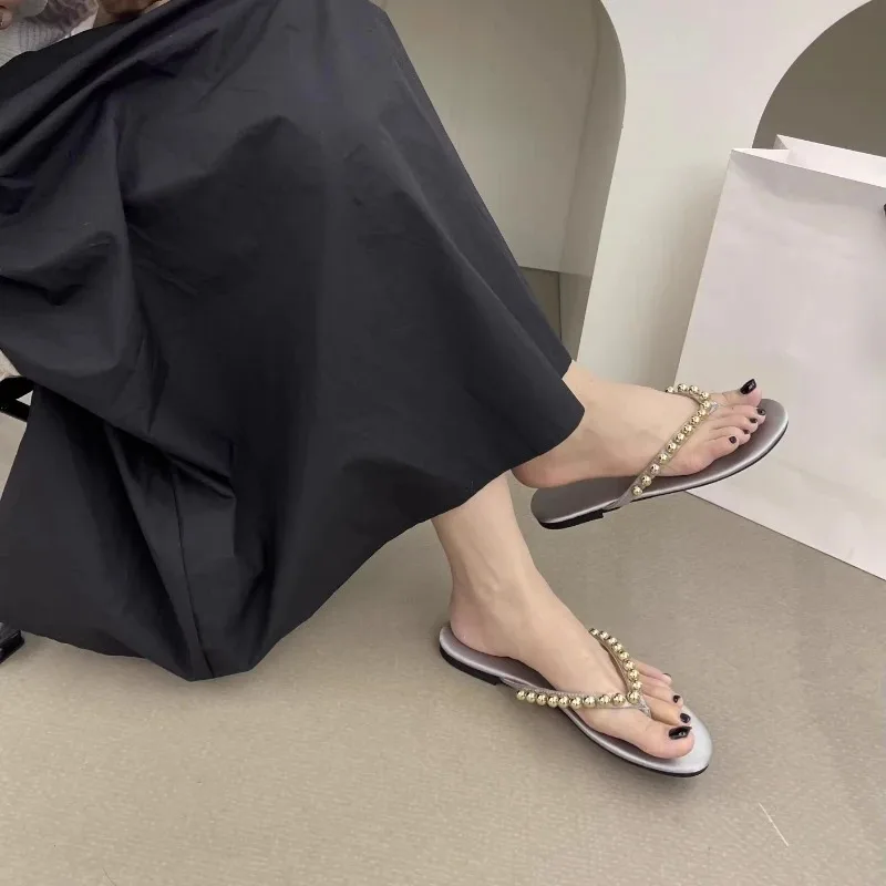 New Fashion Pearls Beach Flip Flops for Women Summer Clip Toe Flat Slides Sandals Woman Comfortable Non Slip Outdoor Slippers