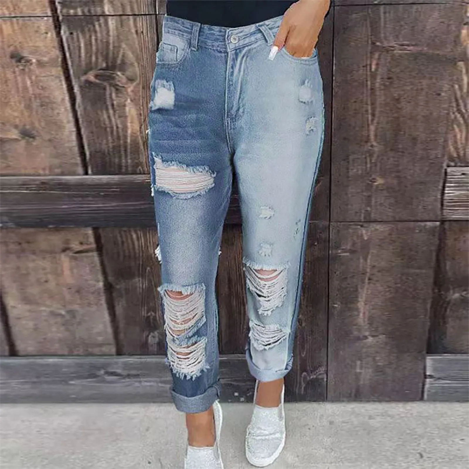 

Vintage High Waist Hole Straight Jeans Womens Loose Denim Pants 2023 Casual Elastic Slim Trousers Streetwear Mom Jeans