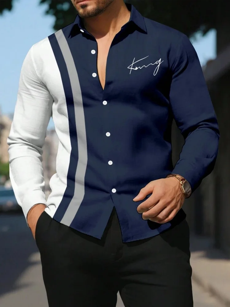 Striped Printed Men's Long-sleeved Shirt Summer Casual Men's Single-breasted Shirt Beach Pool Party Men's Fashionable Shirt 3