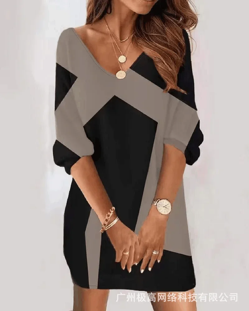 Metal Decor Cold Shoulder Casual Dress Women Sexy Half Sleeve High Waist Mini Dress V Neck