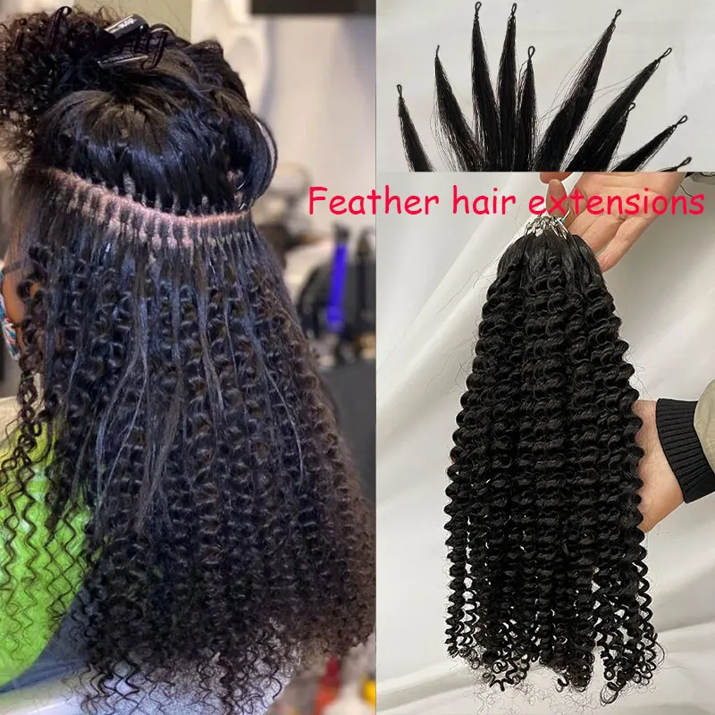 Human Hair Extensions Brazilian Human Hair Feather Hair Extension Kinky Curly 18-28inch Human Extensions For Women 50-200pcs/Lot