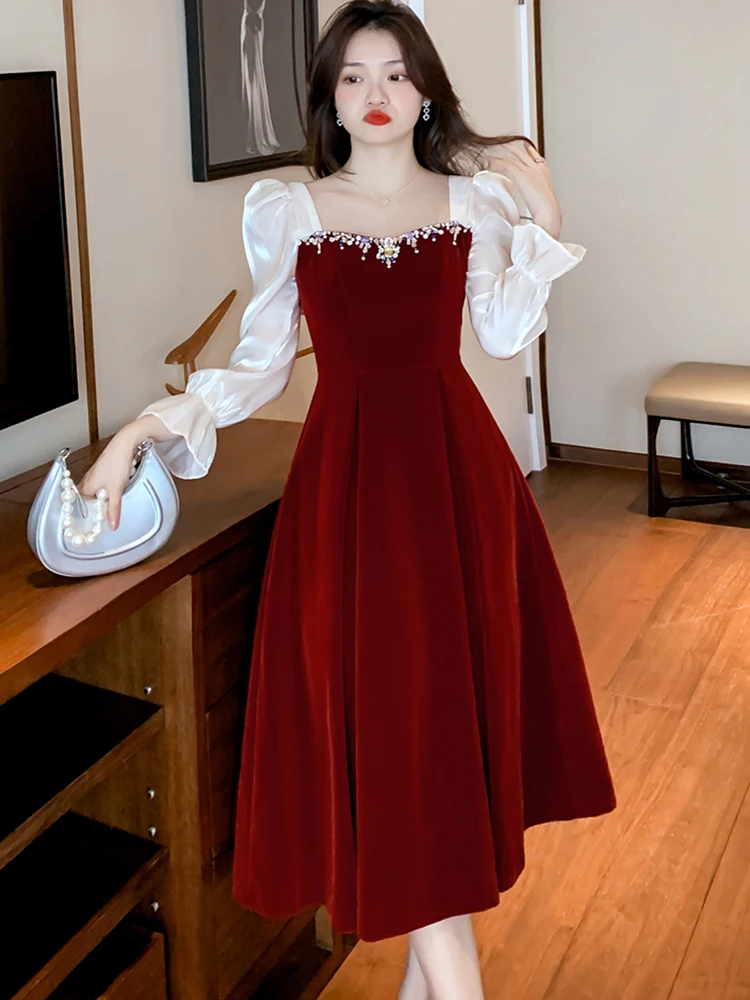 

French Temperament Elegant Beading Crystal Red Velvet Dress For Women Puff Long Sleeve Slim Waist Party Evening Dress Vestidos