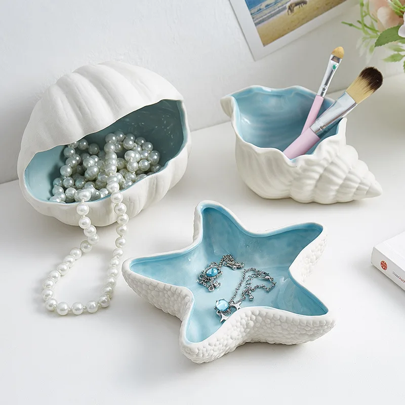 Ceramic Jewelry Boxes Conch Starfish Shape Earrings Rings Bracelets Cute Jewelry Display Tray Key Holder Home Luxury Ornaments 9pcs practical assembly home organizer rings bracelets display jewelry storage hooks wall mount stand necklaces holder