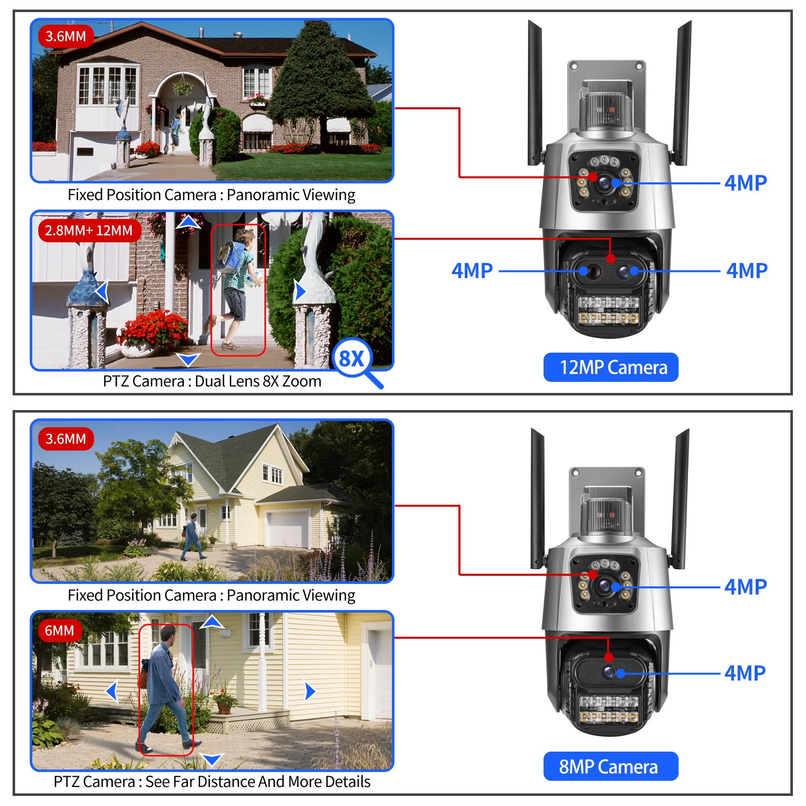 12MP 8MP WiFi Camera PTZ Protection Outdoor Three Lens Dual Screen 8X Zoom Security 4K Video Surveillance iCSee Bluetooth Alexa security camera