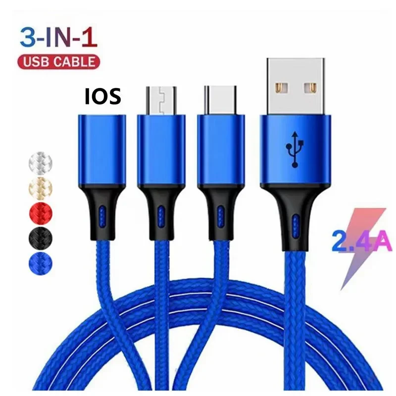 

Fast Charging Cable 3 in1 Multi USB Port Multiple USB Charging Cord Type C Micro Charger Mobile Phone Wire For iPhone Xiaomi