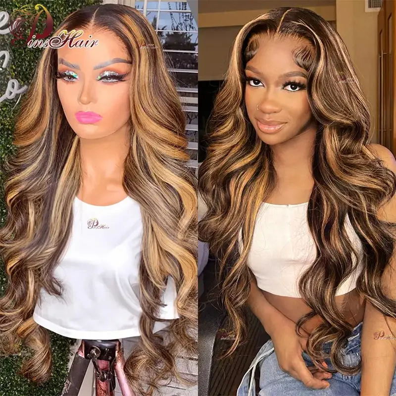 

Highlights Lace Front Human Hair Wigs Honey Blonde 13X4 Lace Front Wigs Body Wave Remy Human Hair Pre Plucked For Women 180%