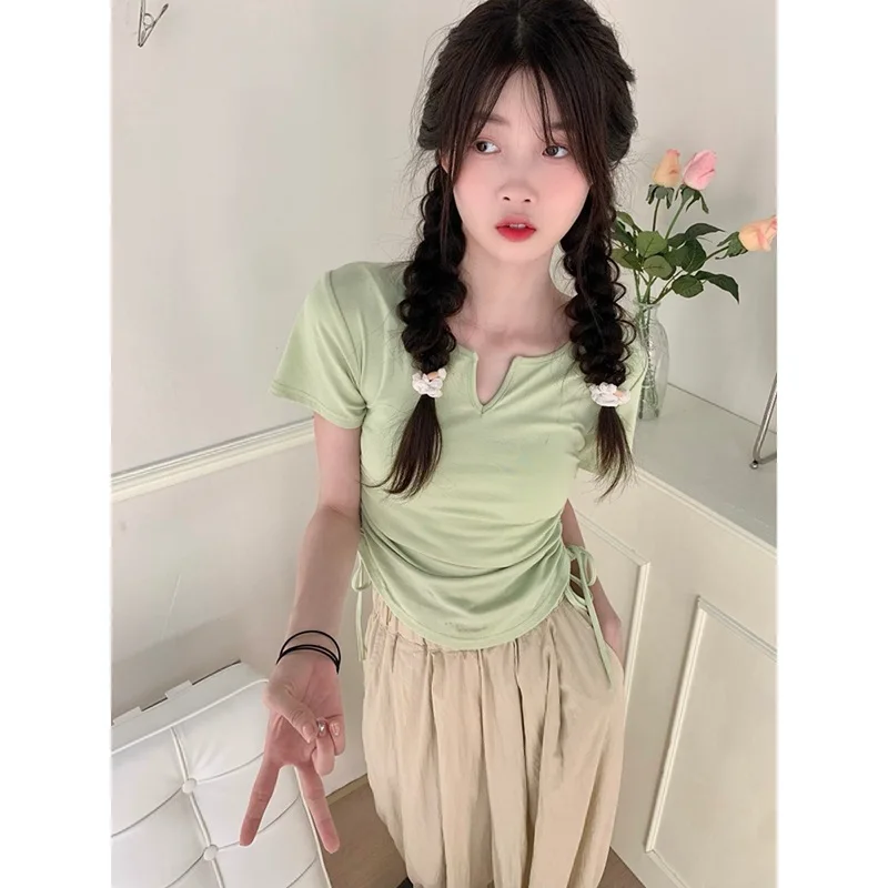 

Women Korean Slim Fit Drawstring Short Sleeve T-shirt Solid Color Female Student Top 2023 Summer New Fashion