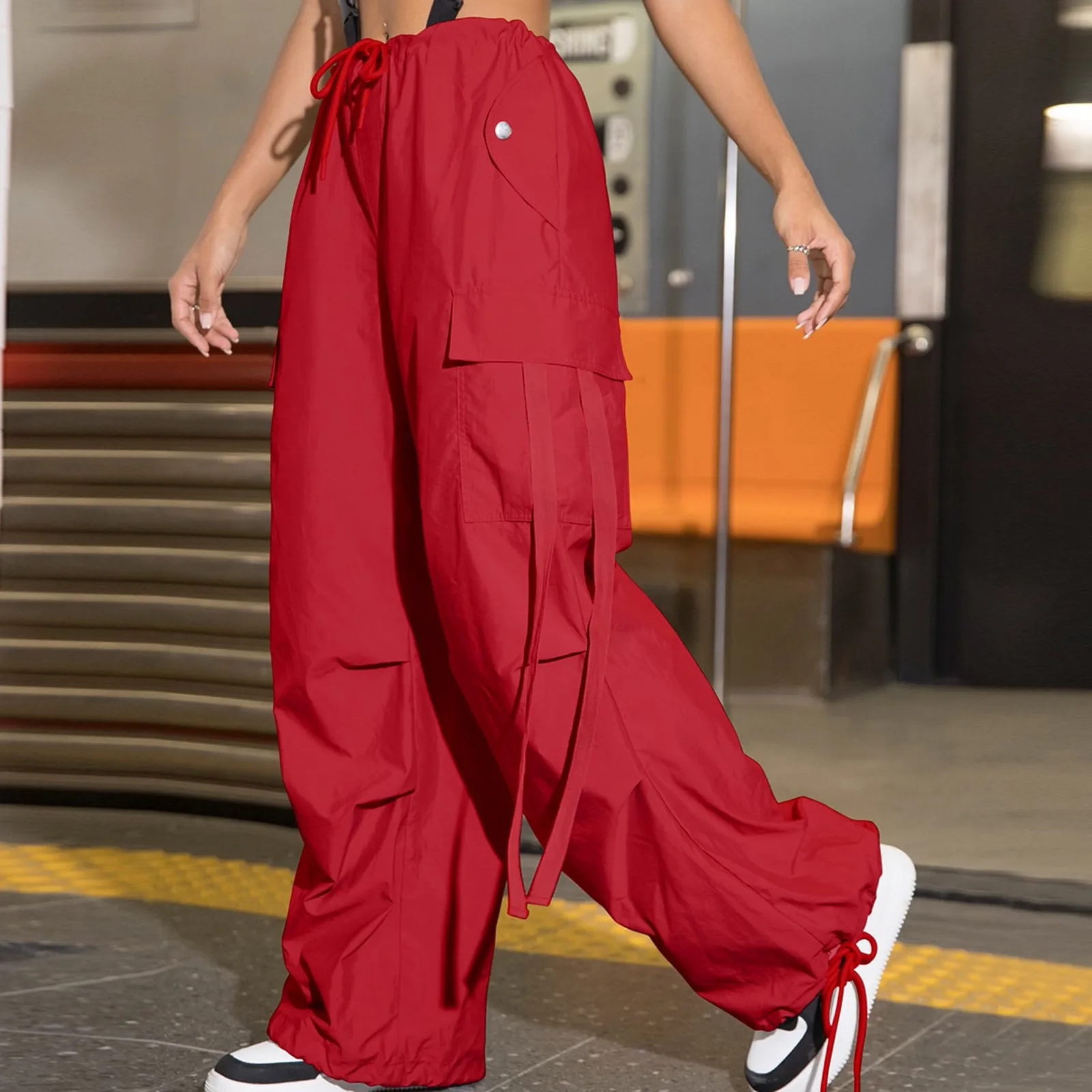 Clacive Pocket Patchwork Straight Pants Light Khaki Low Rise Baggy Casual Cargo  Pants For Women Harajuku 2000S Jogging Overalls