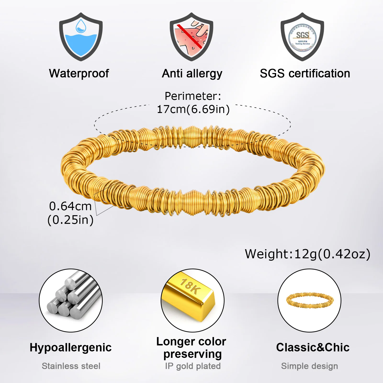 Gold Color Spring Bracelets for Men Women,Stainless Steel Elastic Wristband Arm Bracelet,Trendy Jewelry Gifts