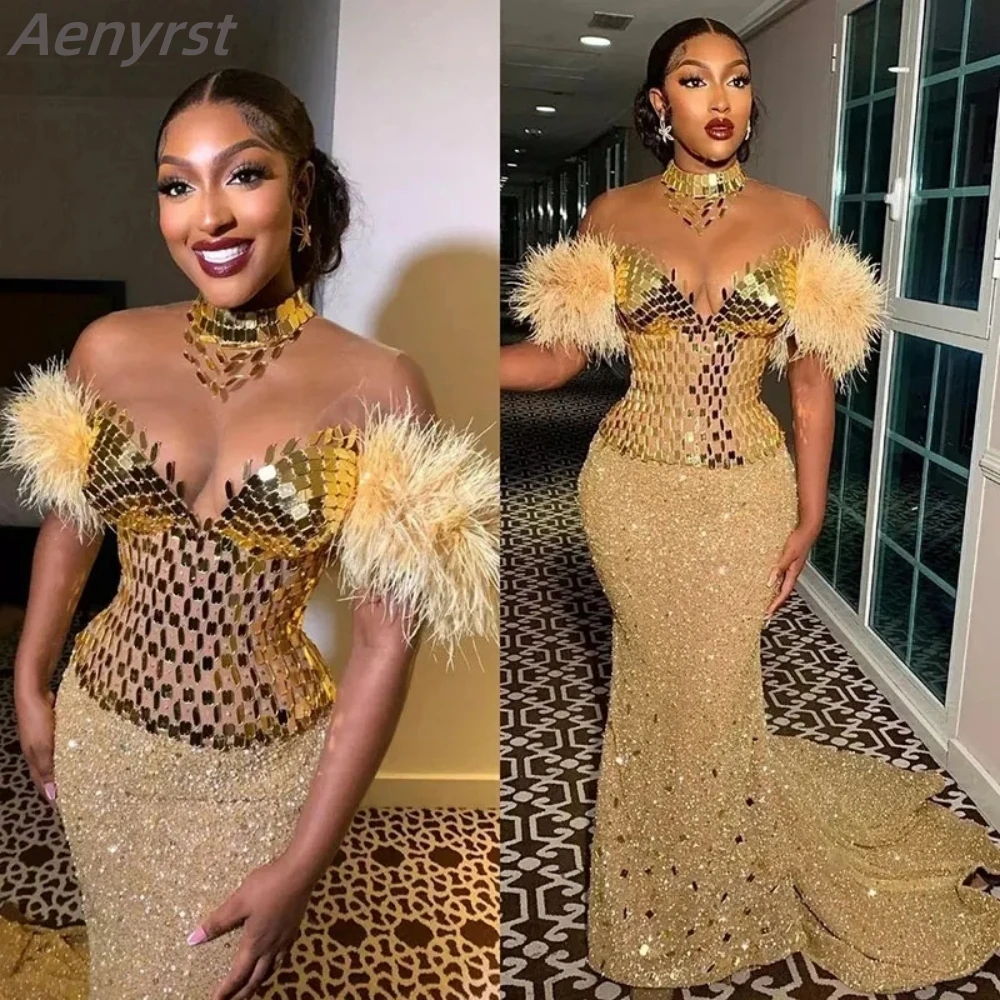 

Rare Gold Mermaid Evening Dresses Sequined Feather Party Gowns with Choker Sexy Illusion Prom Dress Aso Ebi فستان حفلات الزفاف