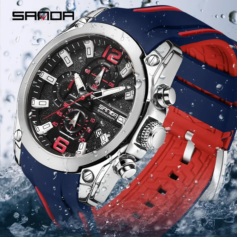 2023 Sanda 5305 Men's Watch Silicone Strap Quartz Calendar Wristwatch Fashion Stainless Steel Waterproof High Quality Clock