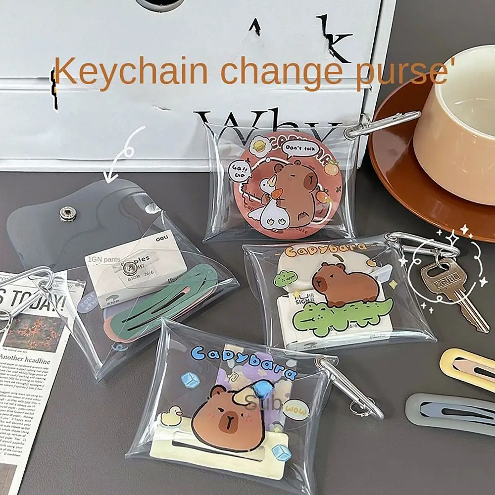 Capybara Coin Wallet Cute Cartoon Anime with Carabiner Earphone Storage Bags Transparent Mini Wallet for Student Girls